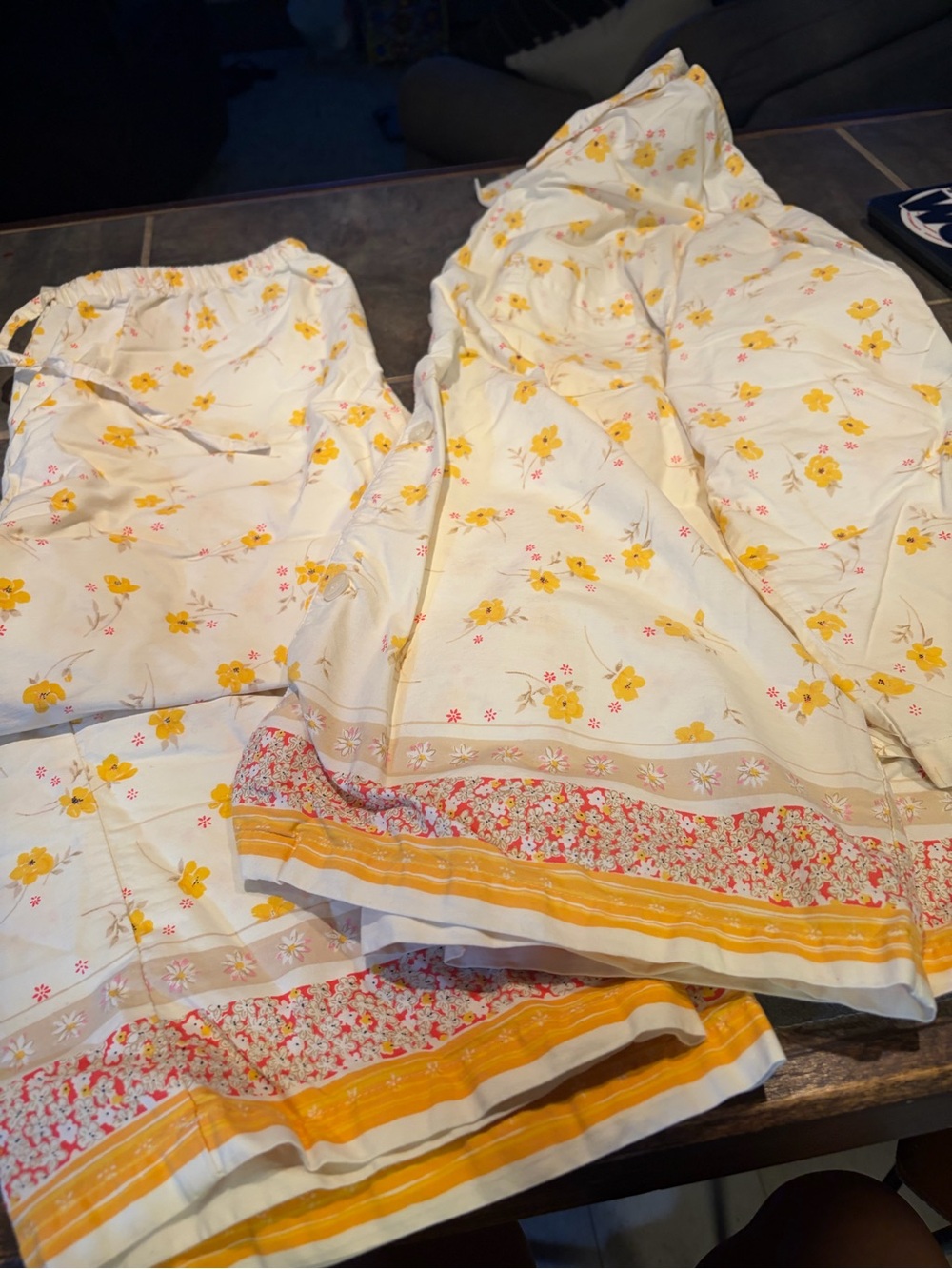 PJ Salvage Yellow & Cream Floral Pajama Set - cotton, size L